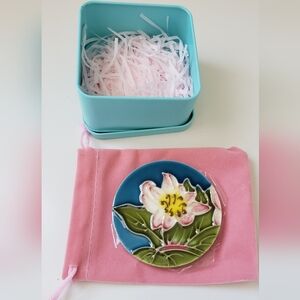 Floral Ceramic Trinket Dish And Purse Mirror in Teal, Pink and Green